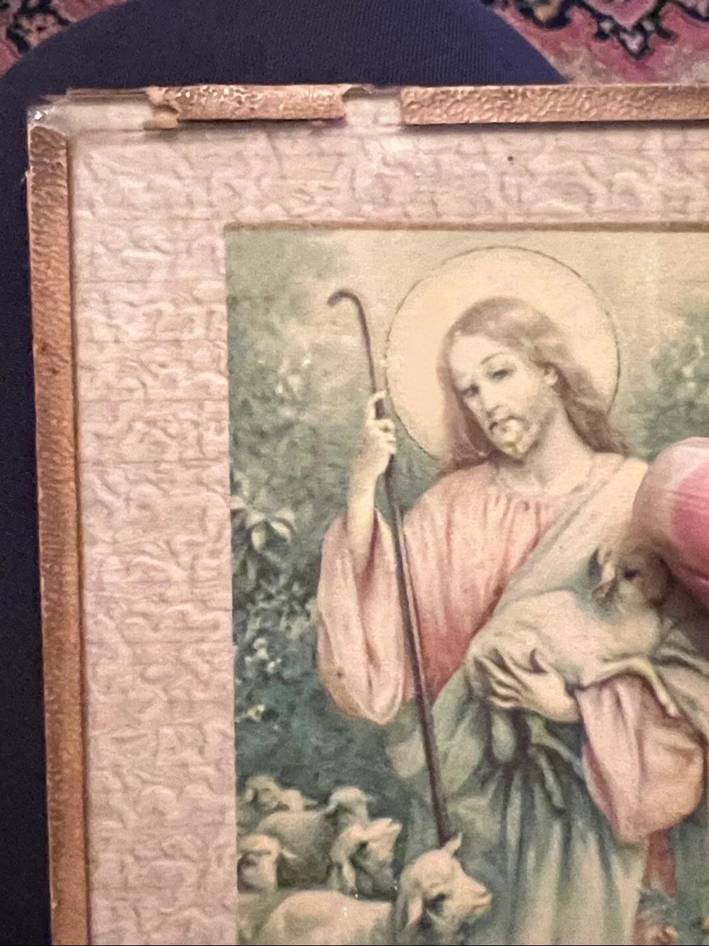 Antique Framed Jesus Holy card Good Shepherd 3.75” x 5”